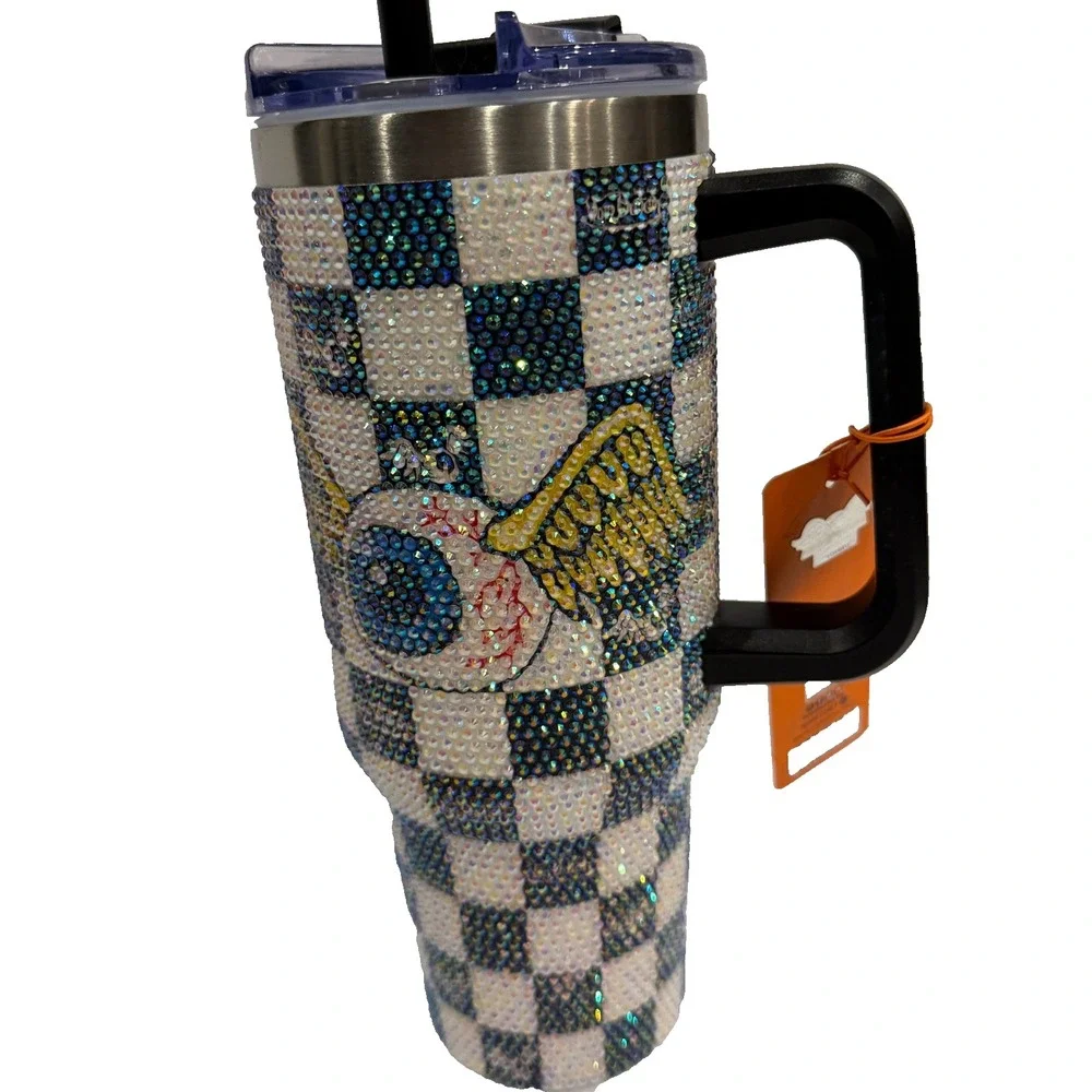 Von Dutch Rhinestone Checkered Eyeball Tumbler Handle Cup‎ NWT Bling
